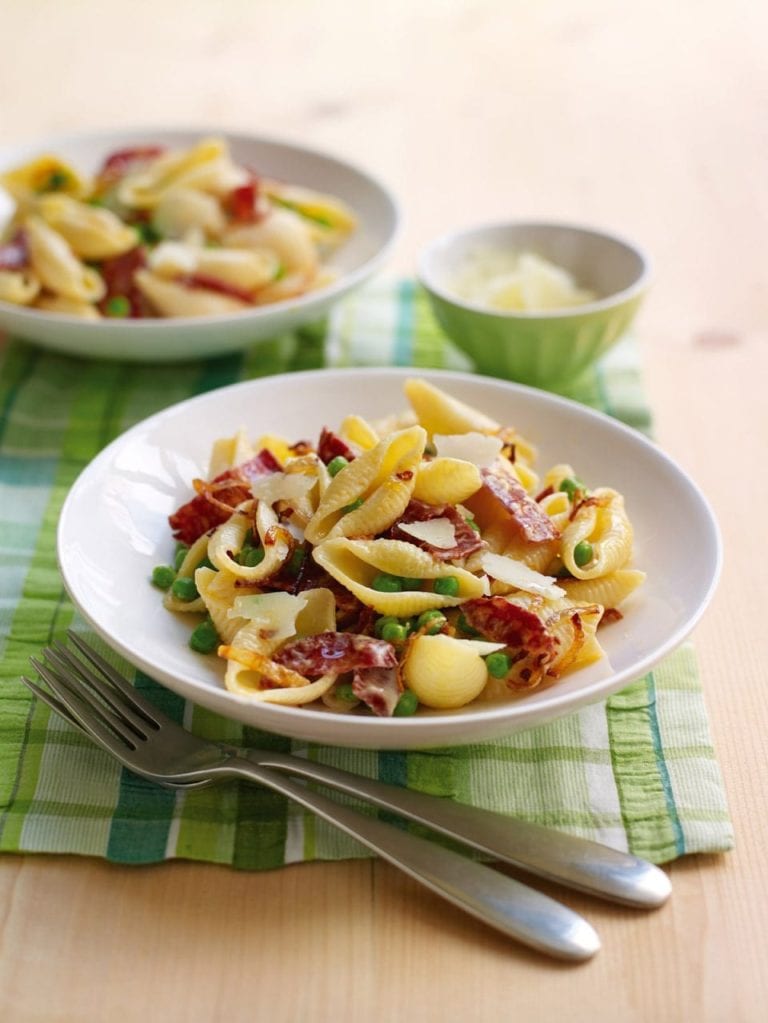 Pea, chorizo and Pecorino pasta