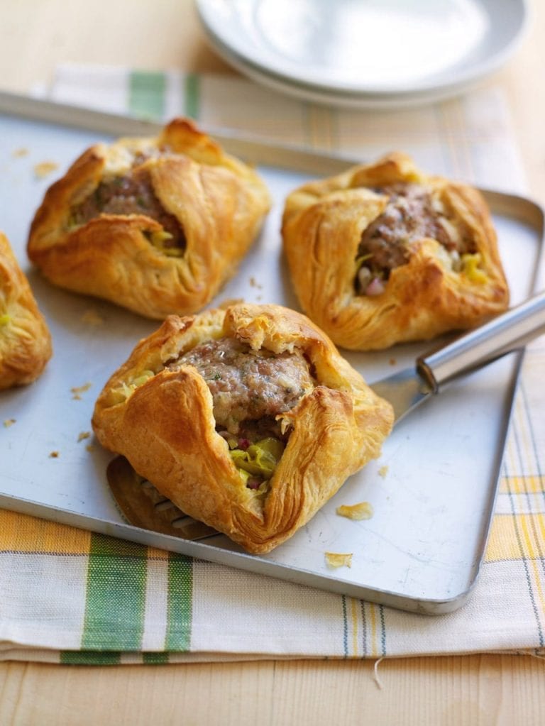 Sausage and leek puff pastry parcels