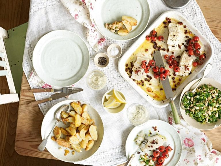 Roasted fish with bean and herb salad