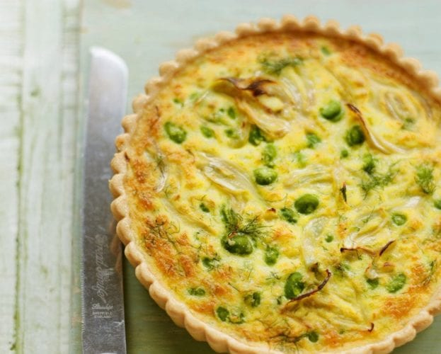 Broad bean and roasted pepper tart