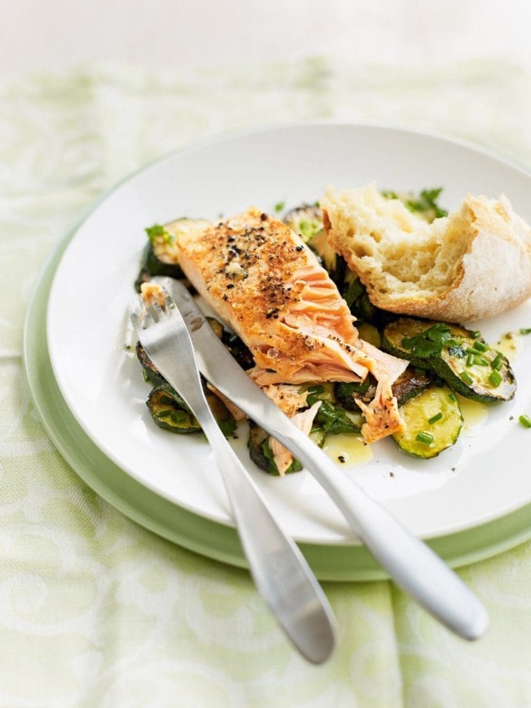Pan-fried salmon with herby courgettes