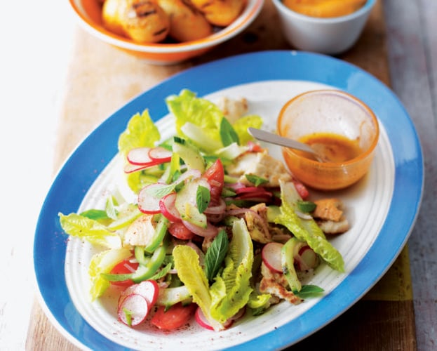 Baby barbecued spuds with fattoush salad