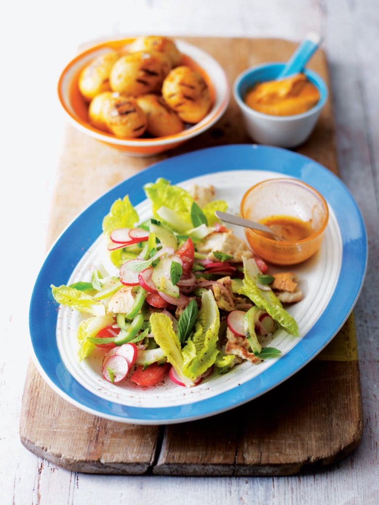 Baby barbecued spuds with fattoush salad