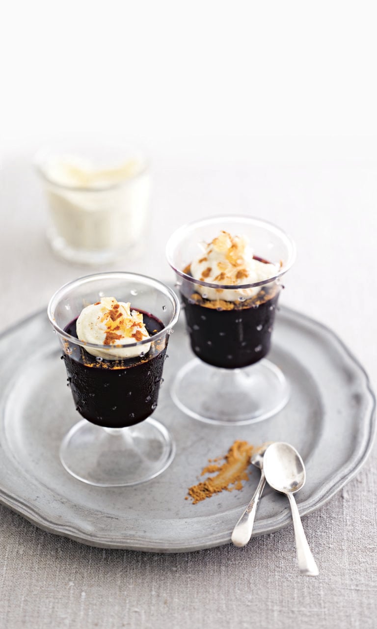 Spiced red wine jellies with stem ginger and cinnamon cream