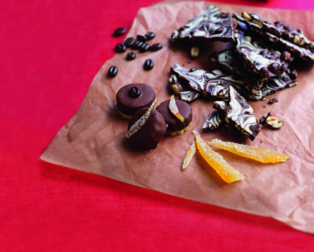Dark chocolate bark with sea salt, rosemary, pistachios and candied citrus