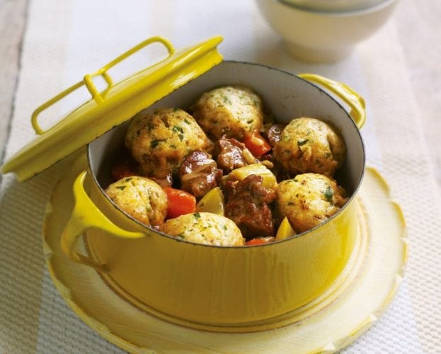 Lamb and pearl barley casserole with mustard parsley dumplings