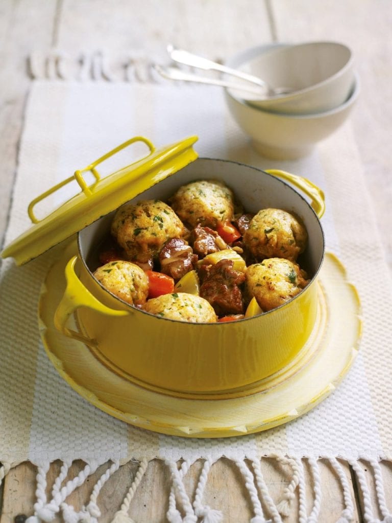 Lamb and pearl barley casserole with mustard parsley dumplings