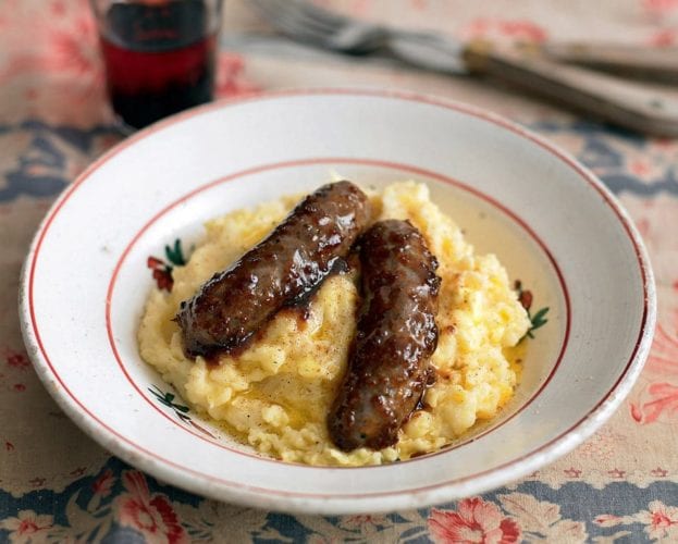 Glazed venison sausages with neeps and tatties