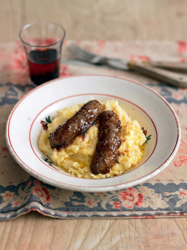 Glazed venison sausages with neeps and tatties