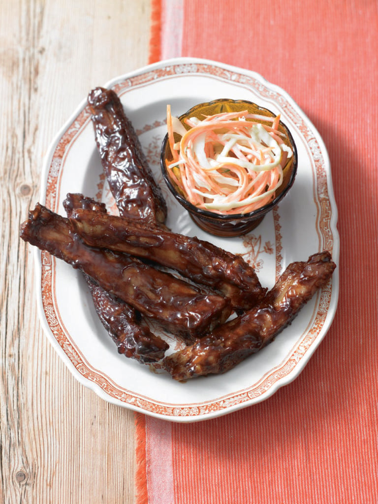 Sticky hoisin pork ribs with coleslaw