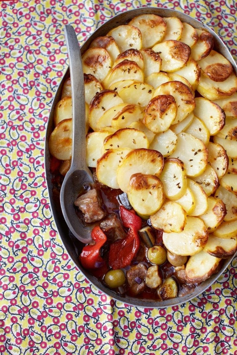 Lamb caponata topped with crispy potatoes