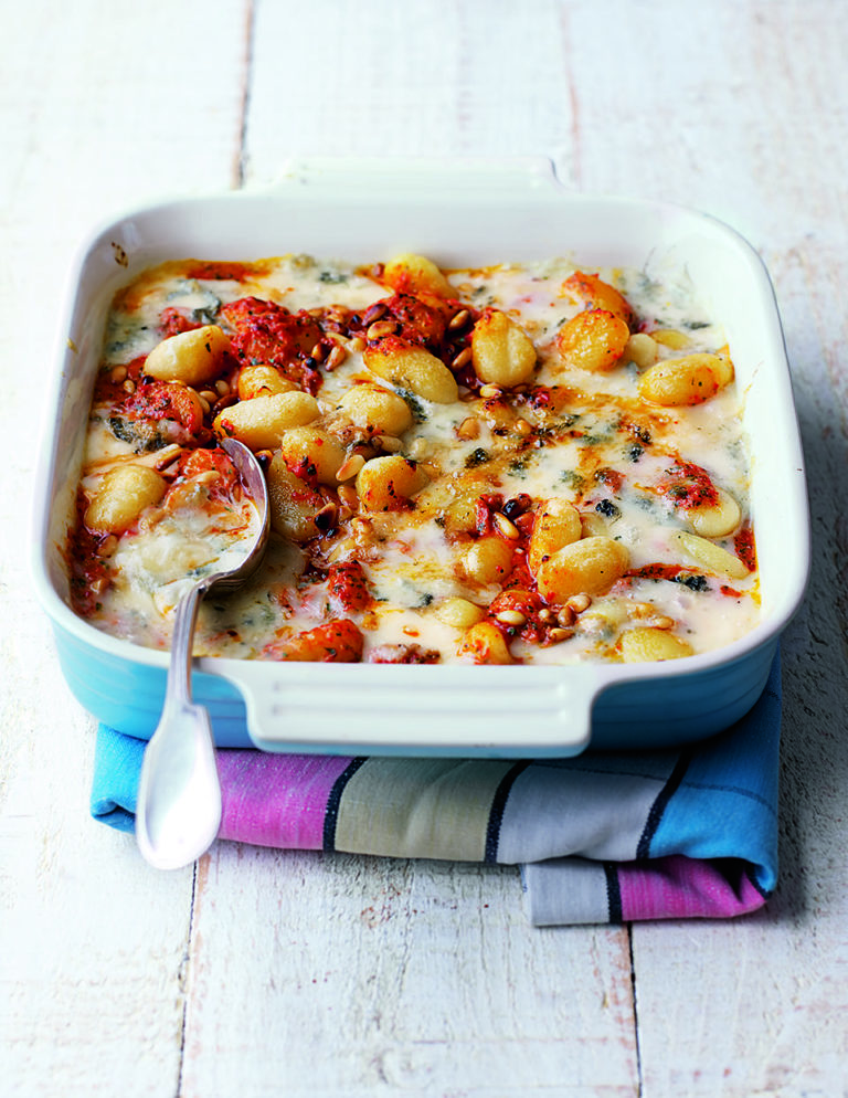 Gnocchi with red pepper and parsley pesto and blue cheese