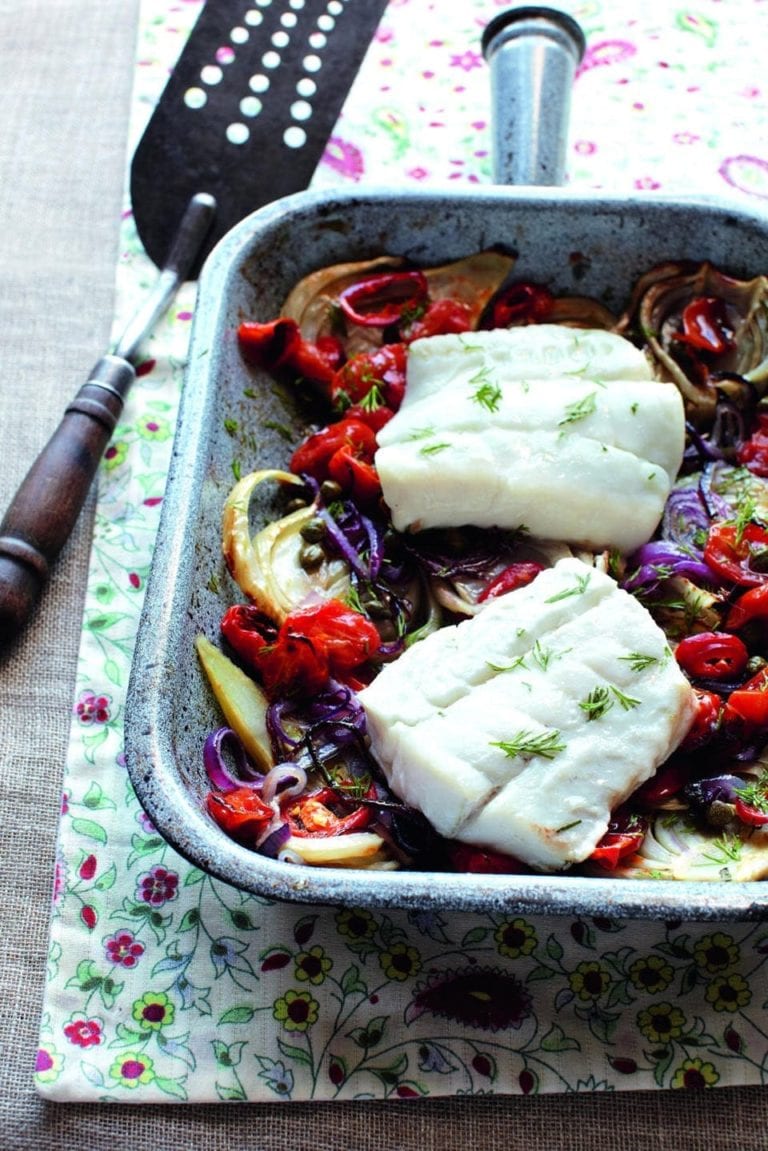 Roasted cod with fennel, red onion and balsamic tomatoes