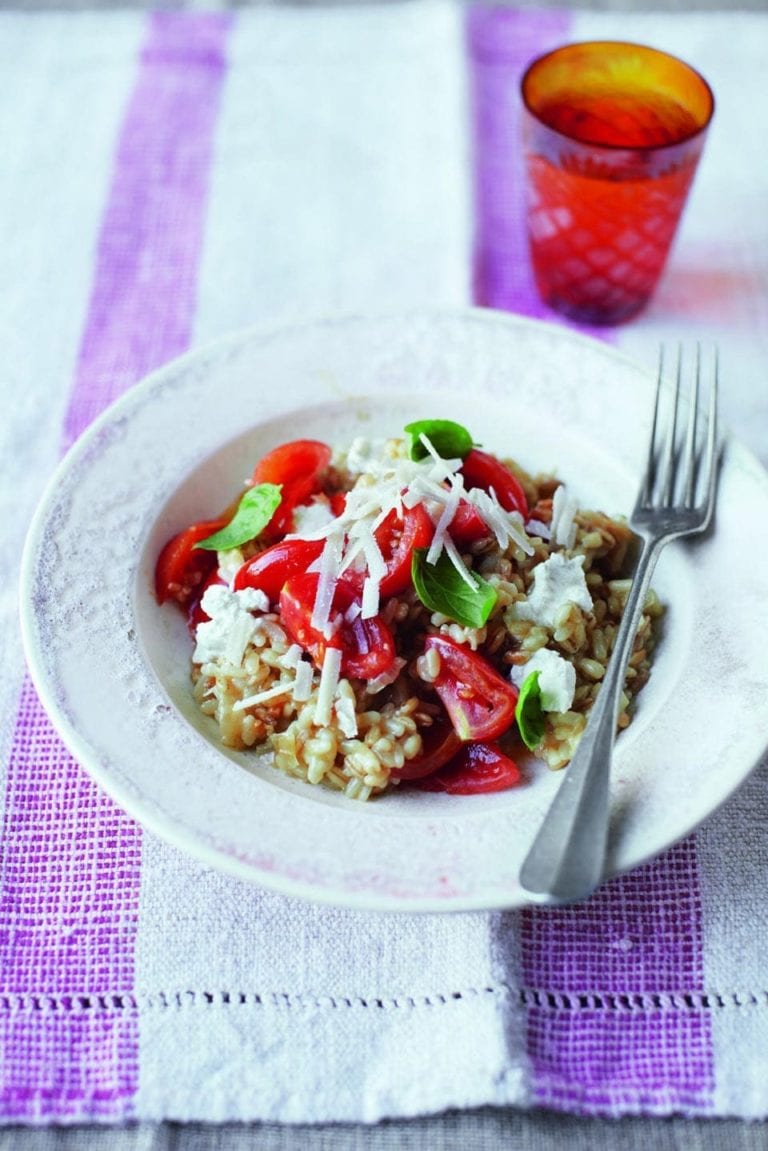 Squashed tomato, basil and garlic barley risotto