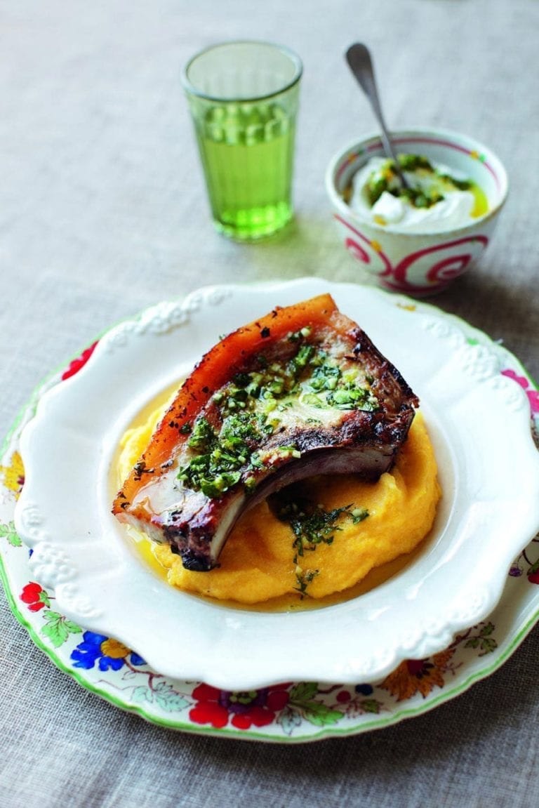 Gremolata pork chops on creamy polenta with lemon ricotta sauce