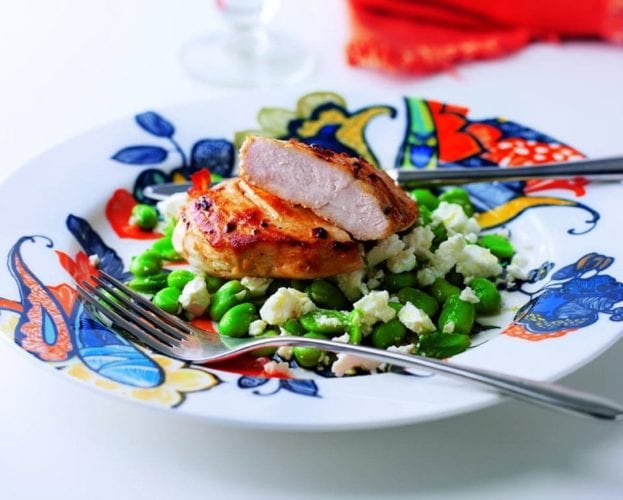 Roast chicken with minted broad beans and feta