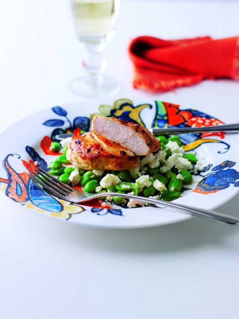 Roast chicken with minted broad beans and feta