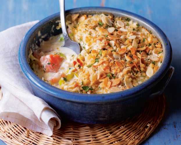 Crumble-topped fish pie with soft-boiled eggs