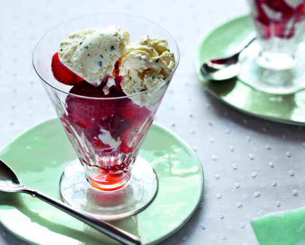 Strawberries with fresh mint ice cream