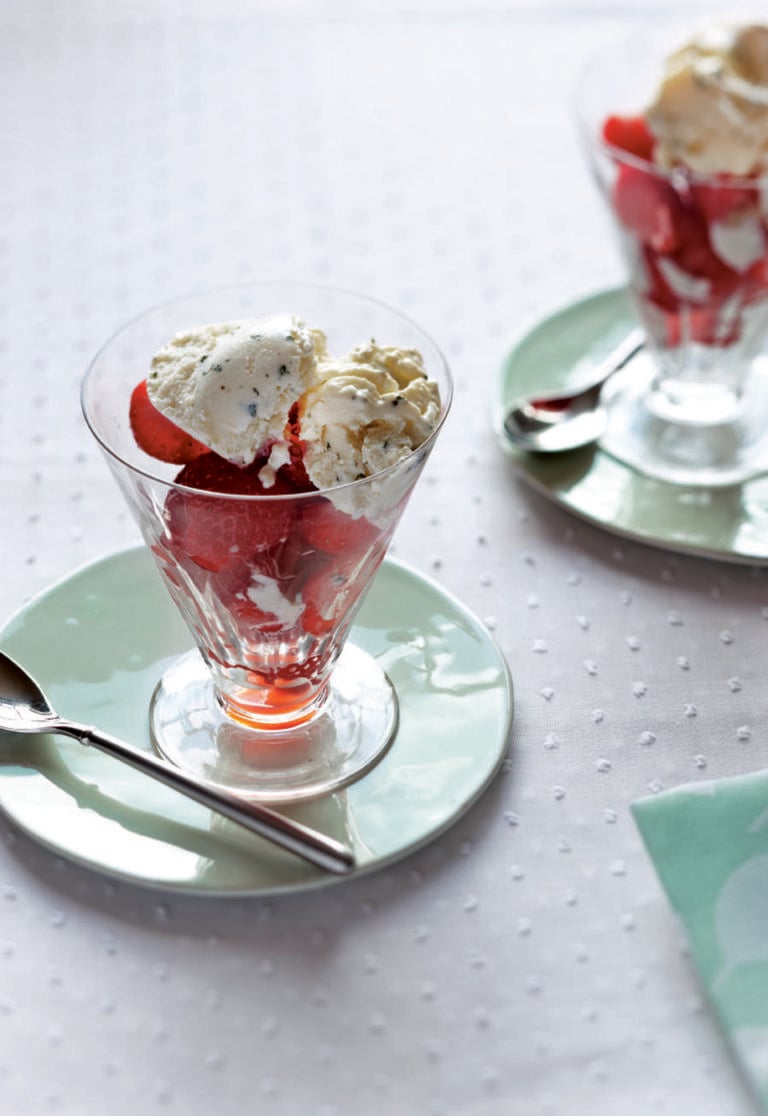Strawberries with fresh mint ice cream