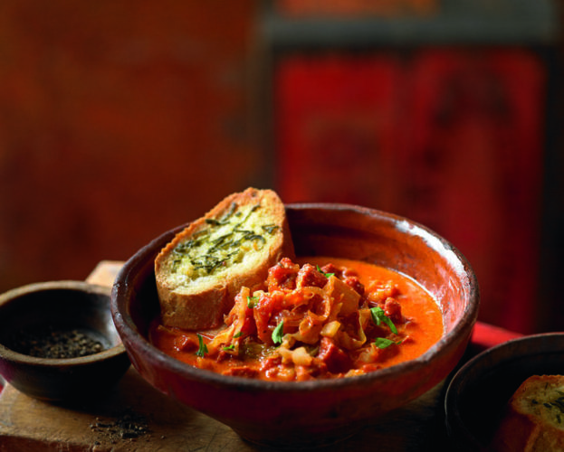 Winter cabbage, chorizo and celeriac soup with baked sage croutons