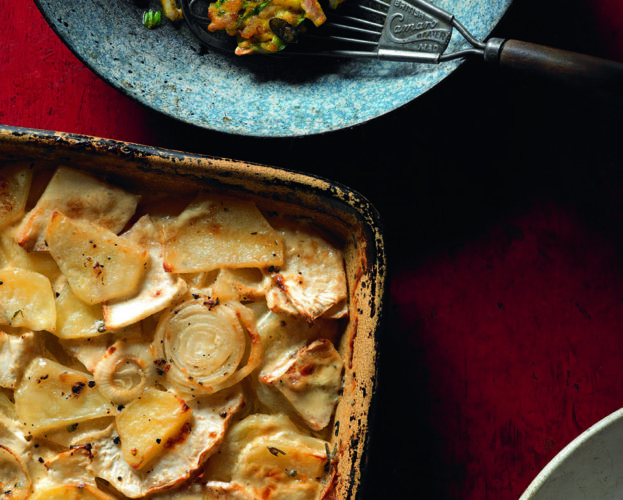 Celeriac bake with chicken and pumpkin fritters
