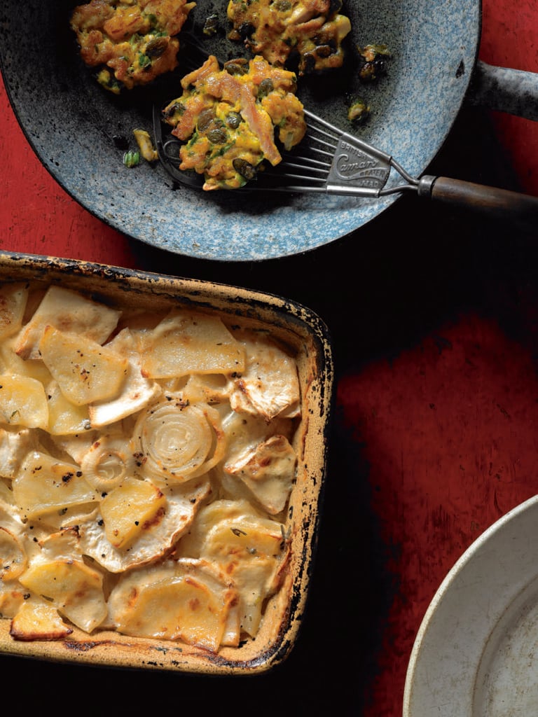 Celeriac bake with chicken and pumpkin fritters