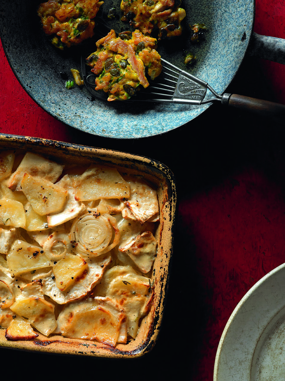 Celeriac bake with chicken and pumpkin fritters recipe | delicious. magazine