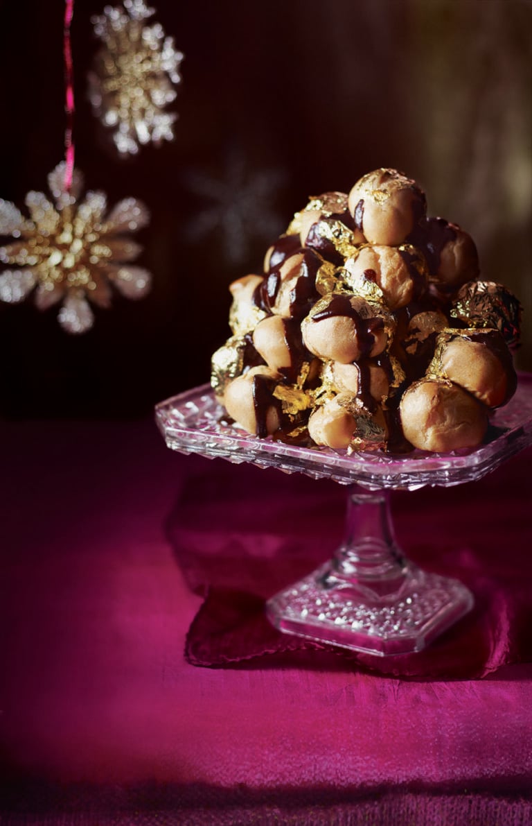 Salted caramel and chocolate profiteroles