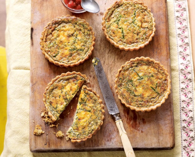 Purple sprouting broccoli and wensleydale tarts