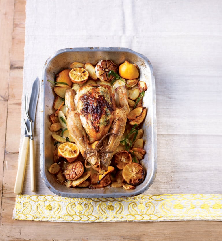 Roast lemony tarragon chicken with juicy new potatoes