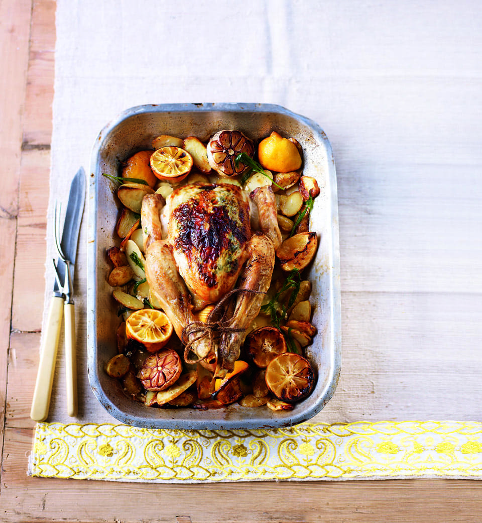 Roast tarragon chicken with new potatoes recipe delicious. magazine