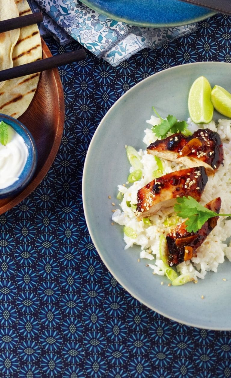 Sticky chicken with jasmine rice