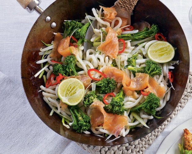 Smoked salmon and broccoli stir-fry