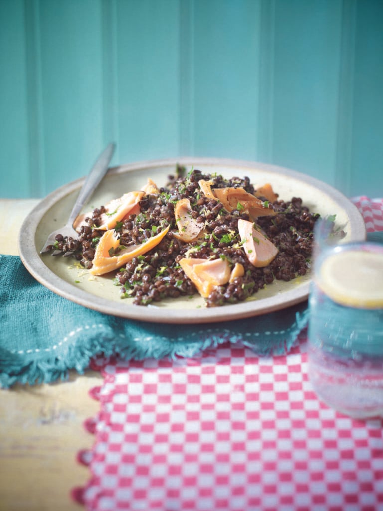 Hot-smoked salmon and zesty lentils