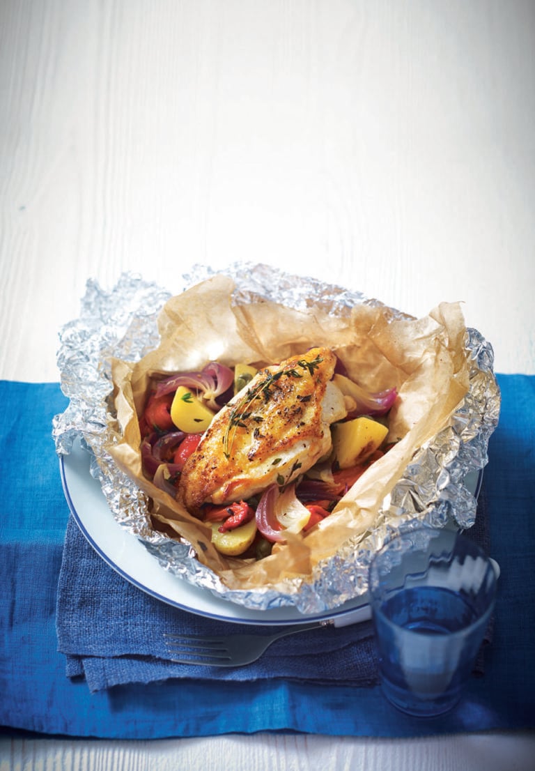 Chicken parcels with capers, peppers and new potatoes