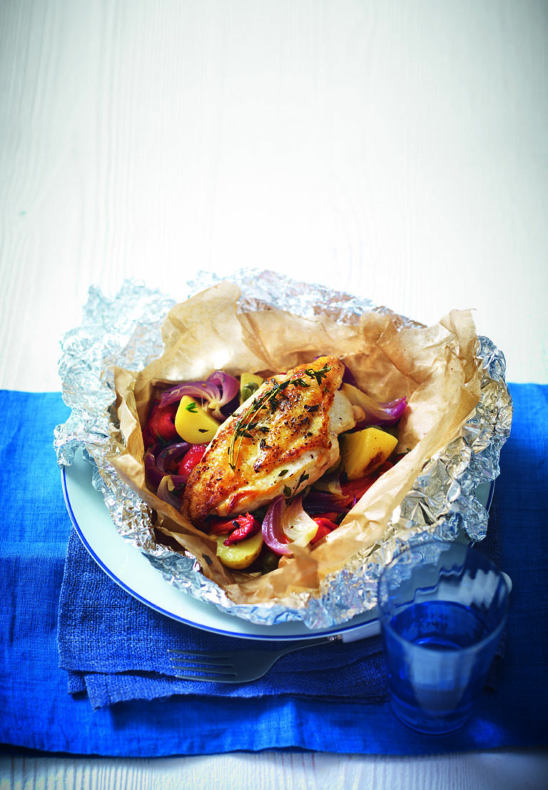 Chicken parcels with capers, peppers and new potatoes