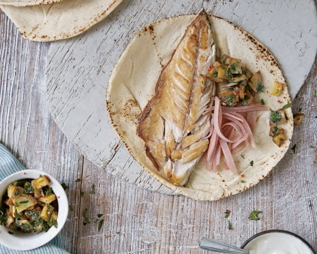 Grilled mackerel with tomato and avocado salsa