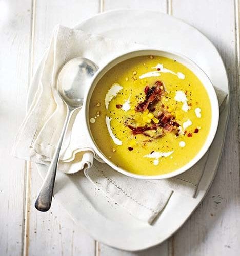 Spicy sweetcorn soup with toasted corn and crispy pancetta
