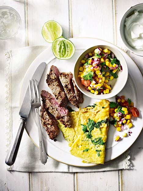 Spiced lamb with coriander omelette and sweetcorn salsa