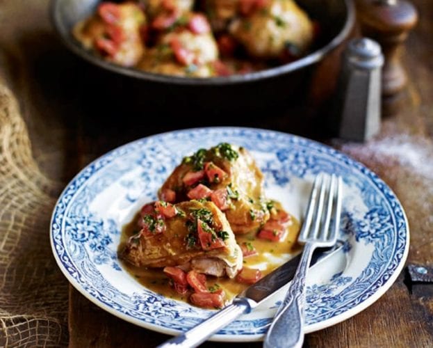 Vinegar-braised chicken with herby polenta