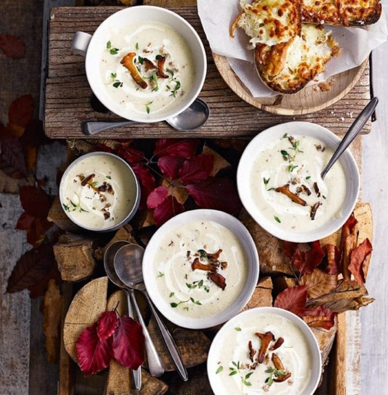 Celeriac and apple soup with girolle mushrooms and cheesy toasts