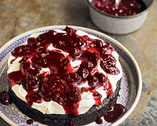 Chocolate vinegar cake with sour cherry compote