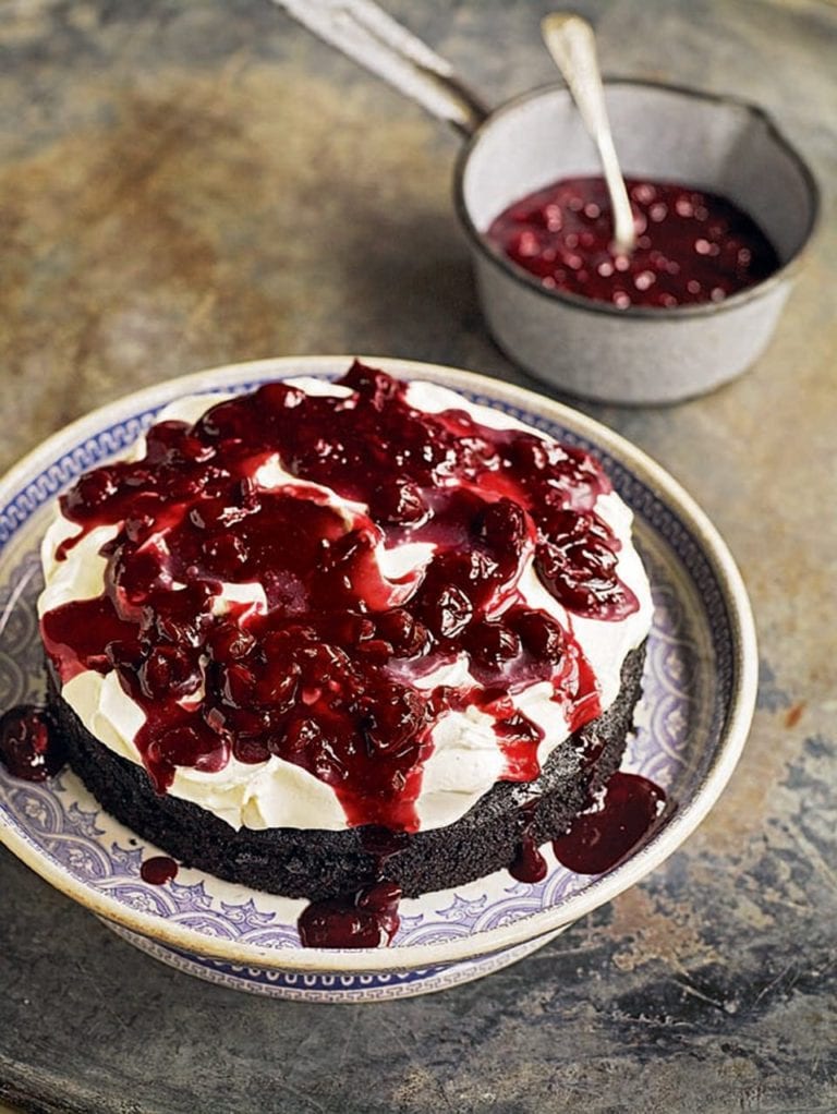 Chocolate vinegar cake with sour cherry compote