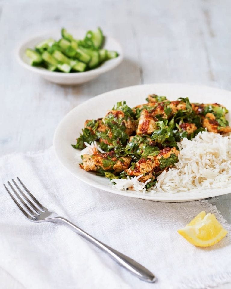 Chilli chicken with cucumber salad