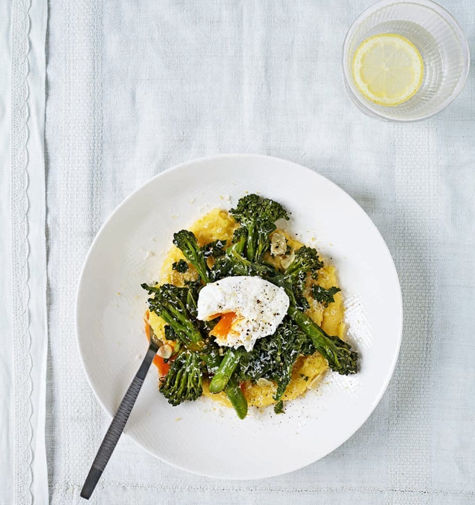 Fried tenderstem and kale with poached eggs and polenta recipe
