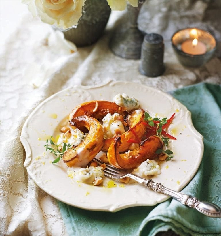 Roast pumpkin with toasted hazelnuts, blue cheese and thyme