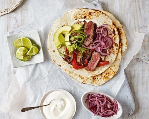 Quick steak fajitas with pickled red onions