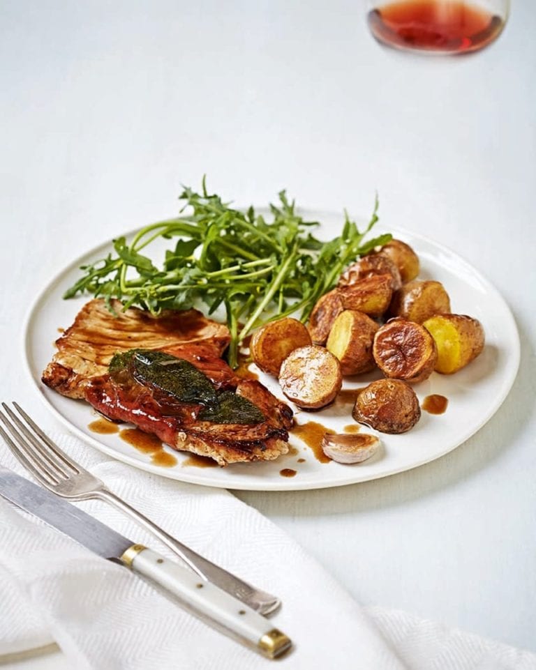 Pork saltimbocca with garlic fried potatoes