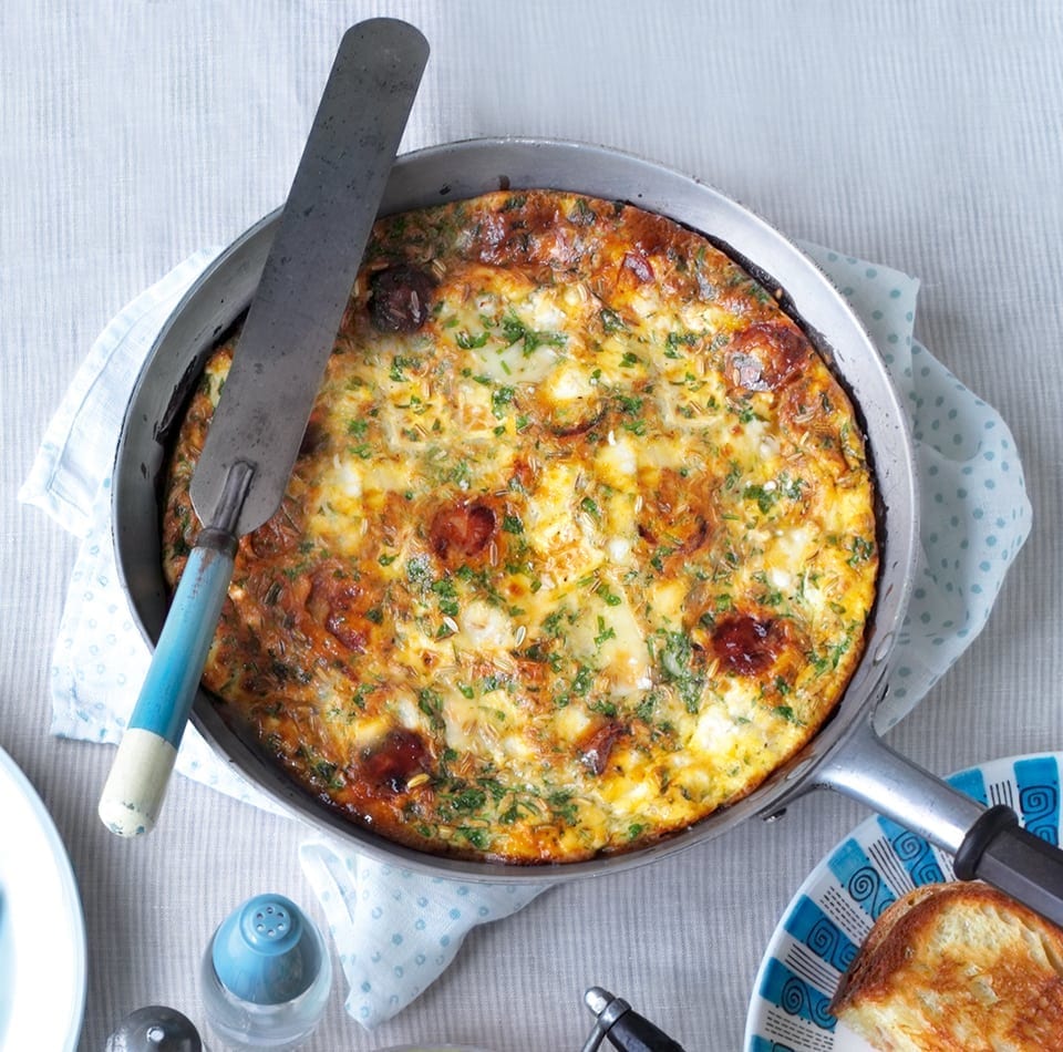 Chorizo, parsley and goat's cheese frittata recipe delicious. magazine